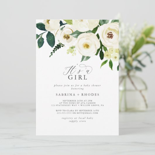 Elegant White Floral Het is een meisje Baby shower Kaart (Staand voorkant)