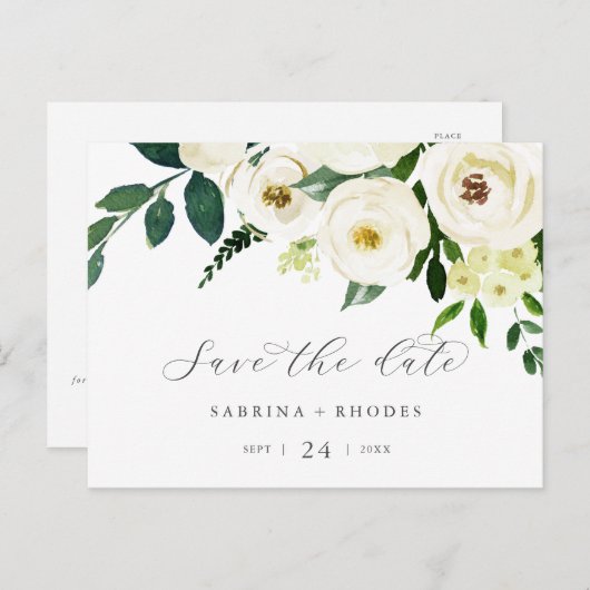 Elegant White Floral Horizontal Save the Date Uitnodiging Briefkaart (Voorkant / Achterkant)