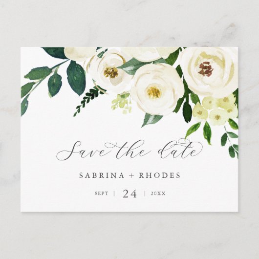 Elegant White Floral Horizontal Save the Date Uitnodiging Briefkaart (Voorkant)