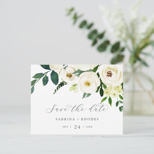 Elegant White Floral Horizontal Save the Date Uitnodiging Briefkaart (Staand voorkant)