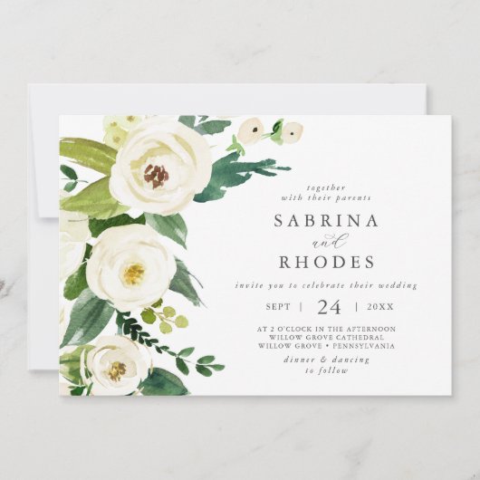 Elegant White Floral Horizontal Wedding Kaart (Voorkant)