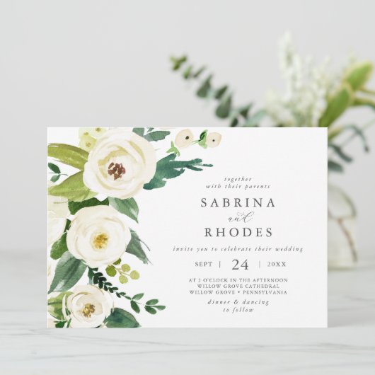 Elegant White Floral Horizontal Wedding Kaart (Staand voorkant)