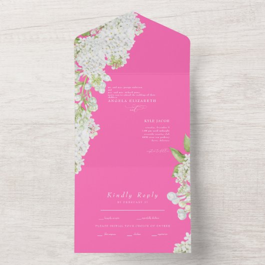 Elegant White Floral Hot Pink Weddenschap All In One Uitnodiging (Binnen)