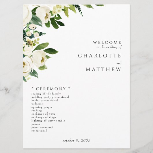 Elegant White Floral III huwelijksprogramma Programmakaart (Voorkant)