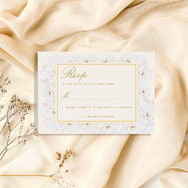 Elegant White Floral Ivory Gold Border RSVP Kaartje
