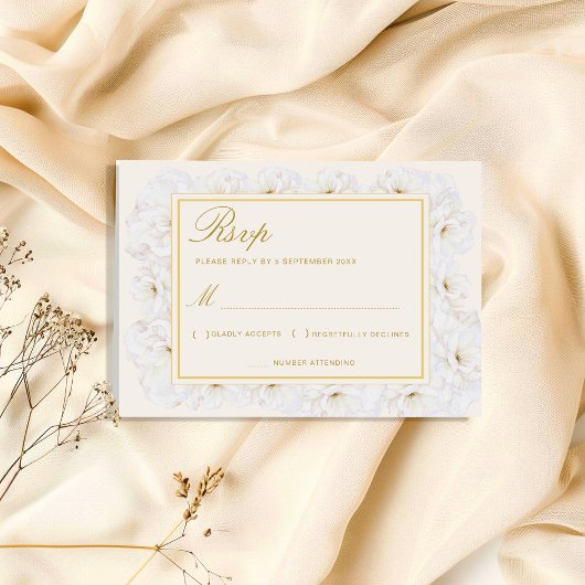 Elegant White Floral Ivory Gold Border RSVP Kaartje