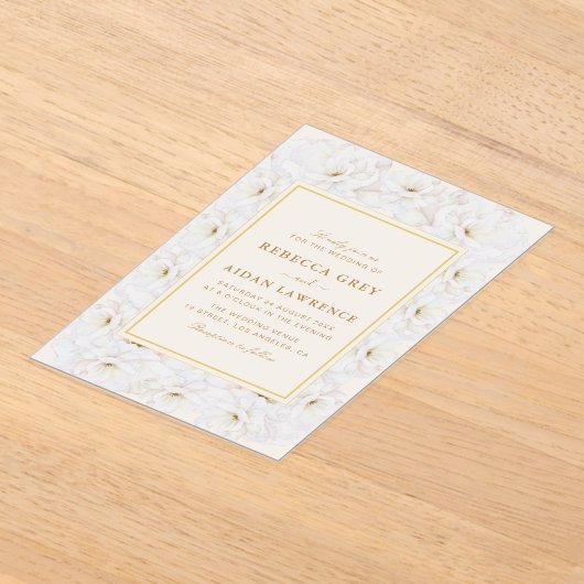 Elegant White Floral Ivory Gold Border Wedding Acryl Uitnodigingen (Laagn)