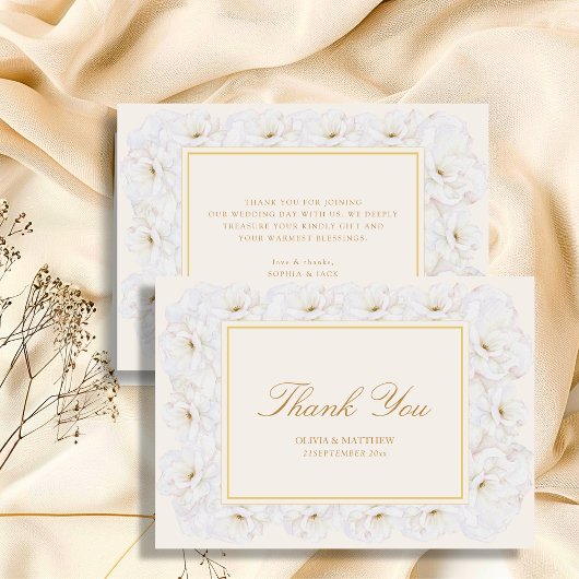 Elegant White Floral Ivory Gold Border Wedding Bedankkaart