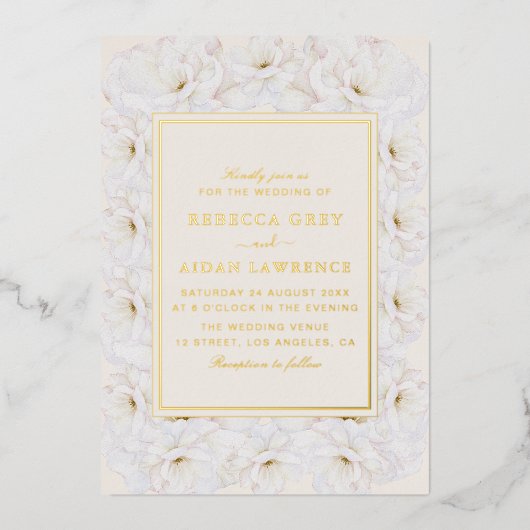 Elegant White Floral Ivory Gold Border Wedding Folie Uitnodiging (Voorkant)