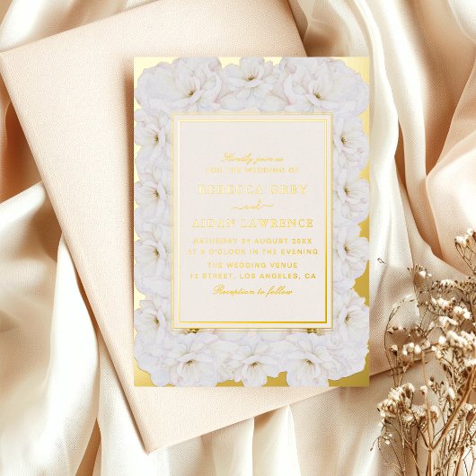 Elegant White Floral Ivory Gold Border Wedding Folie Uitnodiging