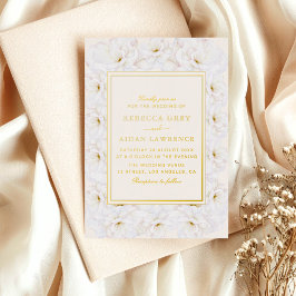 Elegant White Floral Ivory Gold Border Wedding Folie Uitnodiging