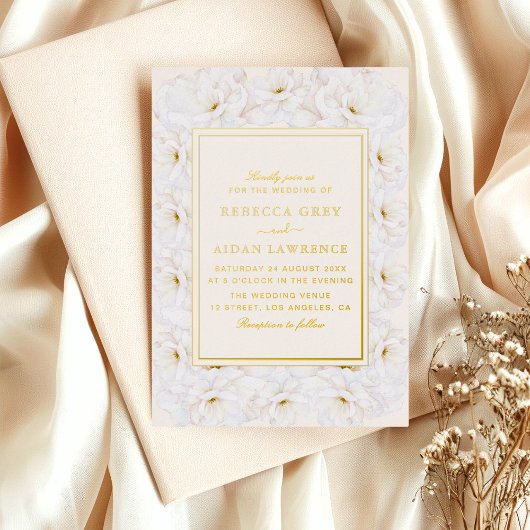 Elegant White Floral Ivory Gold Border Wedding Folie Uitnodiging