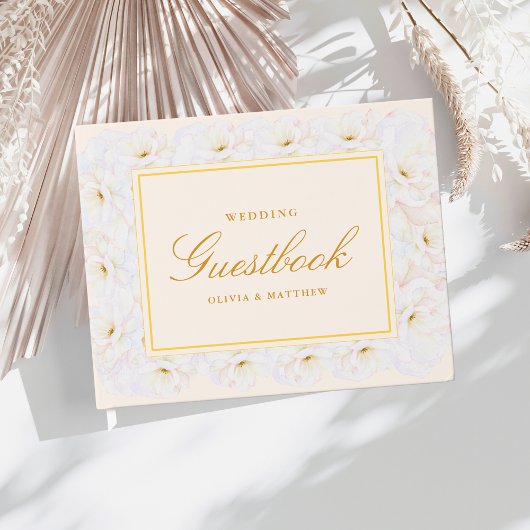 Elegant White Floral Ivory Gold Border Wedding Gastenboek