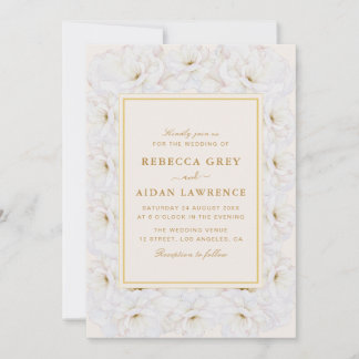Elegant White Floral Ivory Gold Border Wedding Kaart