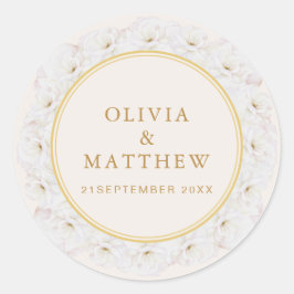 Elegant White Floral Ivory Gold Border Wedding Ronde Sticker