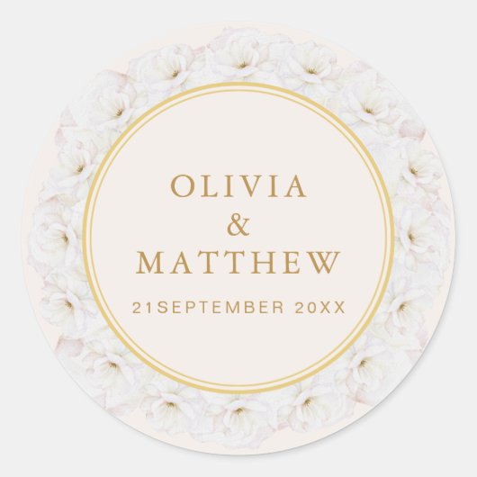 Elegant White Floral Ivory Gold Border Wedding Ronde Sticker (Voorkant)