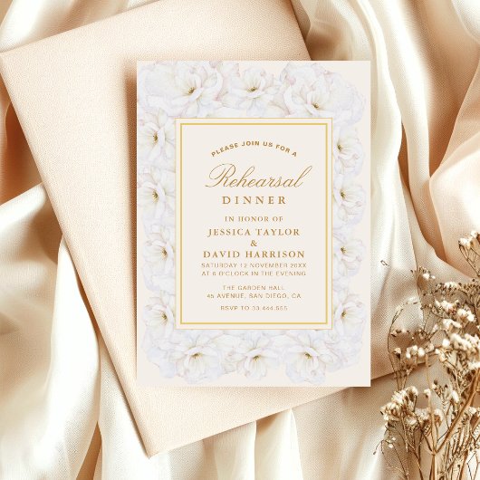 Elegant White Floral Ivory Gold rehearsal dinner  Kaart