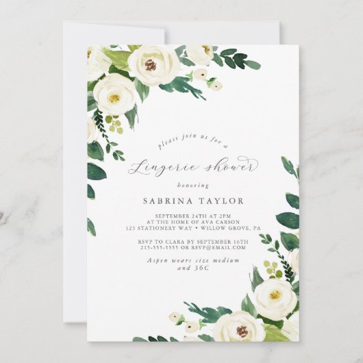 Elegant White Floral Lingerie Shower Invitation Kaart (Voorkant)
