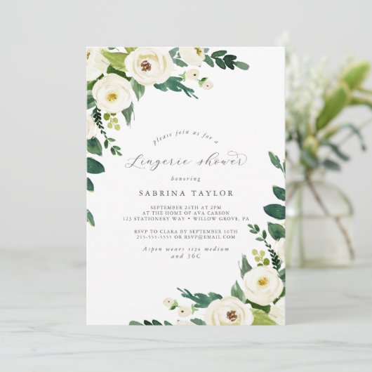 Elegant White Floral Lingerie Shower Invitation Kaart (Staand voorkant)