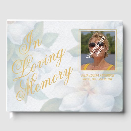 Elegant White Floral Loing Memory Script Foto Gu Gastenboek (Voorkant)