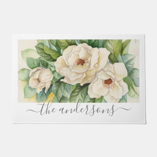 Elegant White Floral Magnolia Flowers Script Name Deurmat (Voorkant)