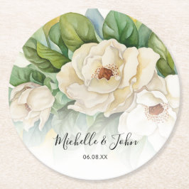 Elegant White Floral Magnolia Names Script Weddens Ronde Kartonnen Onderzetter
