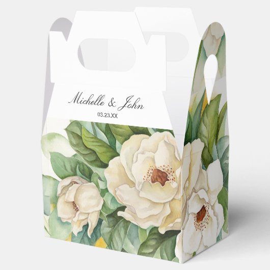 Elegant White Floral Magnolia Wedding Name Script Bedankdoosjes (Geopend)