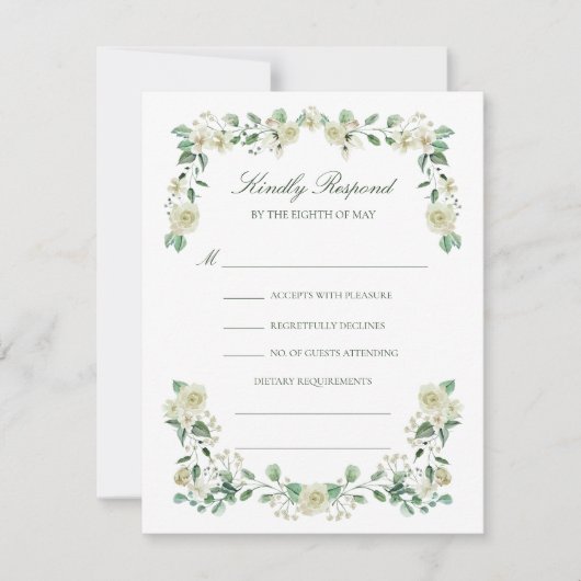 Elegant White Floral Meal Choice Wedding RSVP Kaartje (Voorkant)