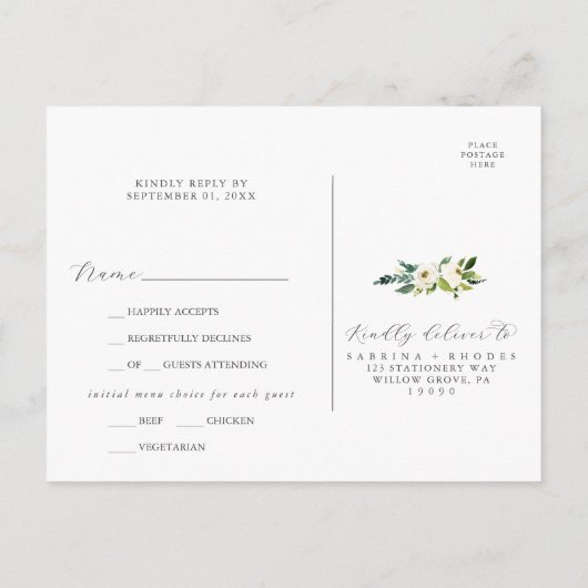 Elegant White Floral Menu Keuze RSVP Briefkaart (Achterkant)