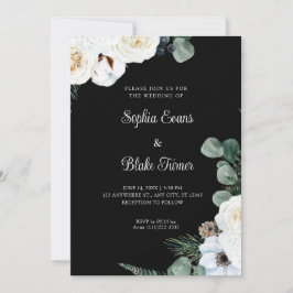 Elegant White Floral met Greenery Black Wedding Kaart