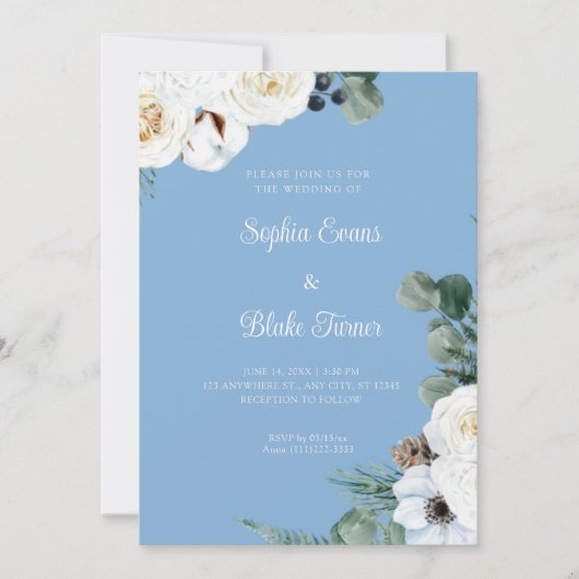 Elegant White Floral met Greenery Blue Wedding Kaart (Voorkant)