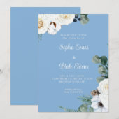 Elegant White Floral met Greenery Blue Wedding Kaart (Voorkant / Achterkant)
