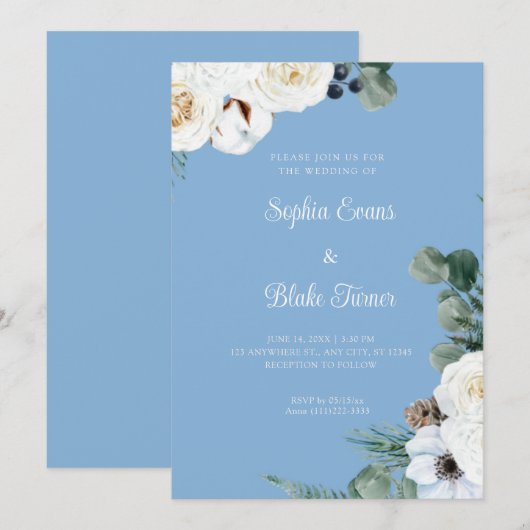 Elegant White Floral met Greenery Blue Wedding Kaart (Voorkant / Achterkant)