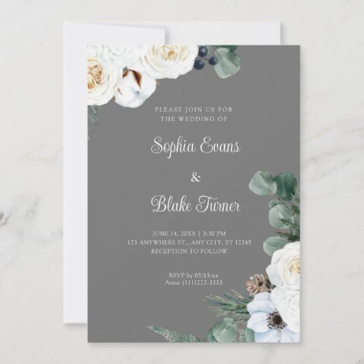Elegant White Floral met Greenery Gray Wedding Kaart (Voorkant)
