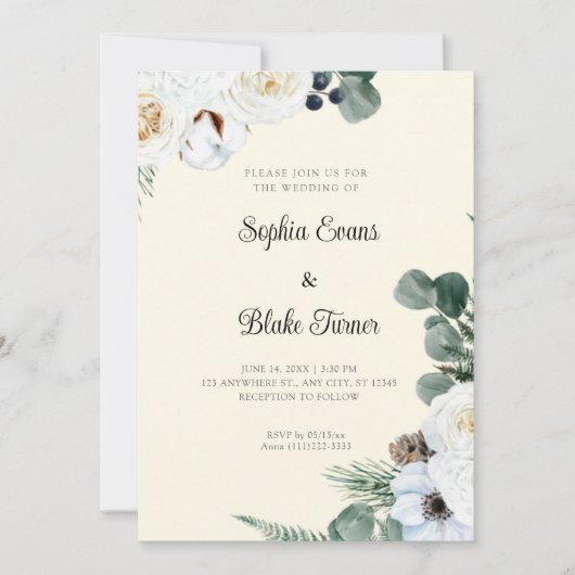 Elegant White Floral met Greenery Yellow Wedding Kaart (Voorkant)
