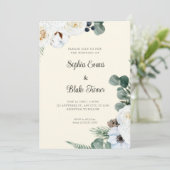 Elegant White Floral met Greenery Yellow Wedding Kaart (Staand voorkant)
