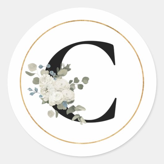 Elegant White Floral Monogram Letter C op White Ronde Sticker (Voorkant)