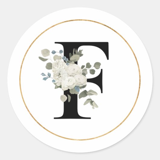 Elegant White Floral Monogram Letter F op White Ronde Sticker (Voorkant)
