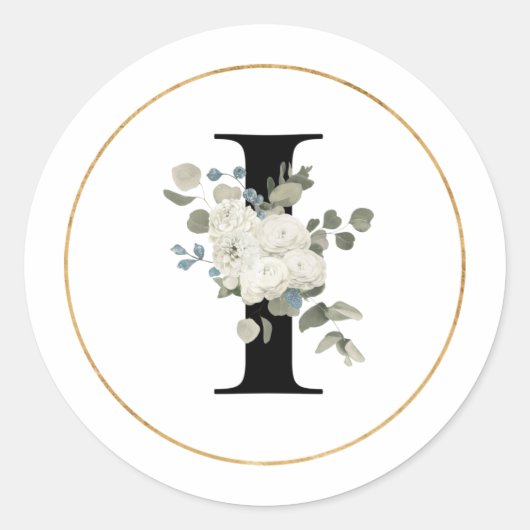 Elegant White Floral Monogram Letter I op White Ronde Sticker (Voorkant)