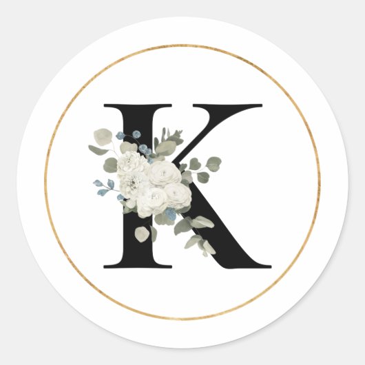 Elegant White Floral Monogram Letter K op White Ronde Sticker (Voorkant)