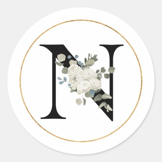 Elegant White Floral Monogram Letter N op White Ronde Sticker (Voorkant)