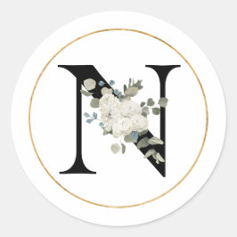 Elegant White Floral Monogram Letter N op White Ronde Sticker