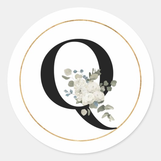 Elegant White Floral Monogram Letter Q op White Ronde Sticker (Voorkant)
