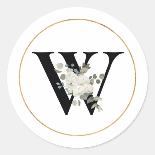 Elegant White Floral Monogram Letter W op White Ronde Sticker (Voorkant)
