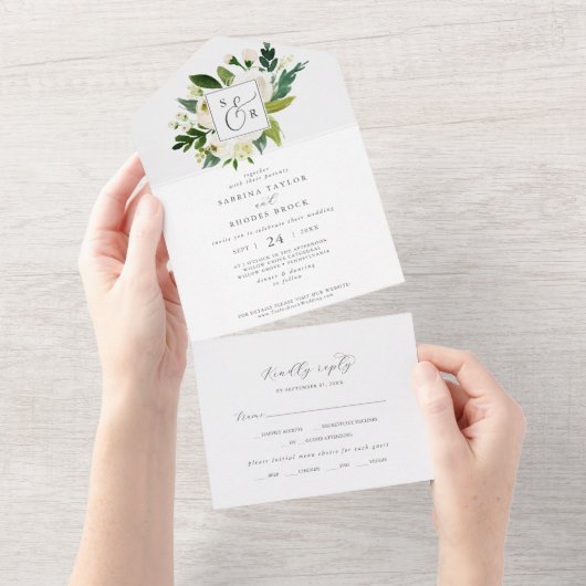 Elegant White Floral Monogram Wedding All In One Uitnodiging (Afscheurbaar)