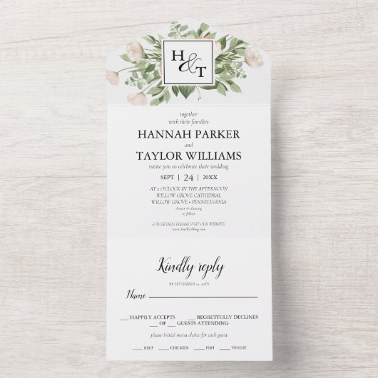 Elegant White Floral Monogram Wedding All In One Uitnodiging (Binnen)