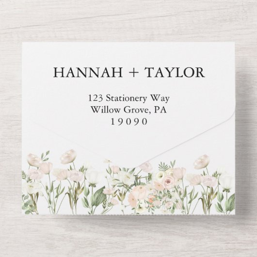Elegant White Floral Monogram Wedding All In One Uitnodiging (Achterkant)