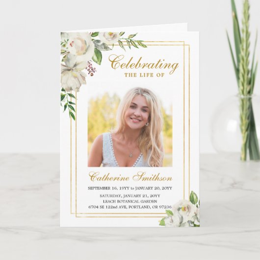 Elegant White Floral Photo Memorial Funeral Programma (Voorkant)