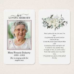 Elegant White Floral Photo Prayer Card Visitekaartje