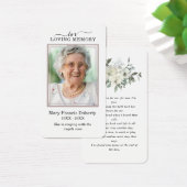 Elegant White Floral Photo Prayer Card Visitekaartje (Bureau)